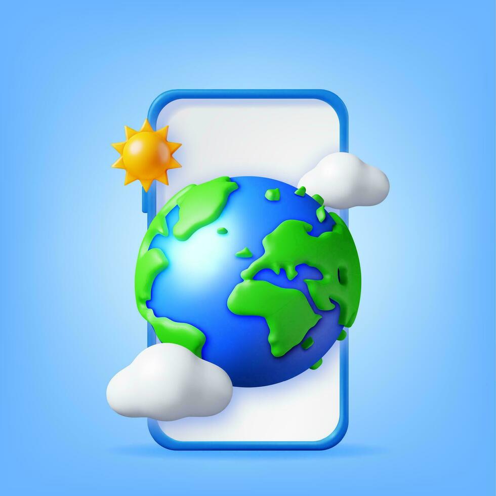 3d Smartphone with Globe or Earth, Sun and Clouds. Render Mobile Phone and Planet Earth on Screen. Weather, Booking, Transportation, Traveling. Cartography and Geography Earth Day. Vector Illustration