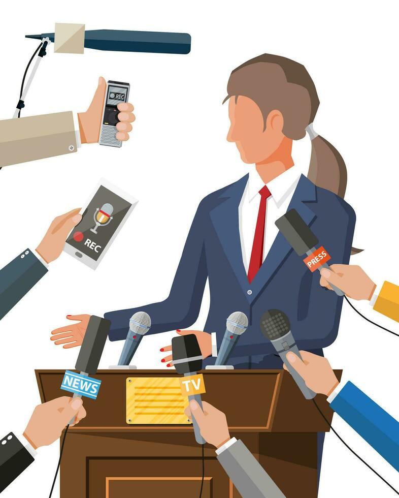 Public speaker. Rostrum, tribune and hands of journalists with microphones and digital voice recorders. Press conference concept, news, media, journalism. Vector illustration in flat style