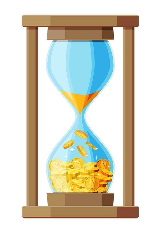 Money in hourglass clock. Return on investment, gold coin increasing chart. Growth, income, savings, investment. Symbol of wealth. Business success. Flat style vector illustration.