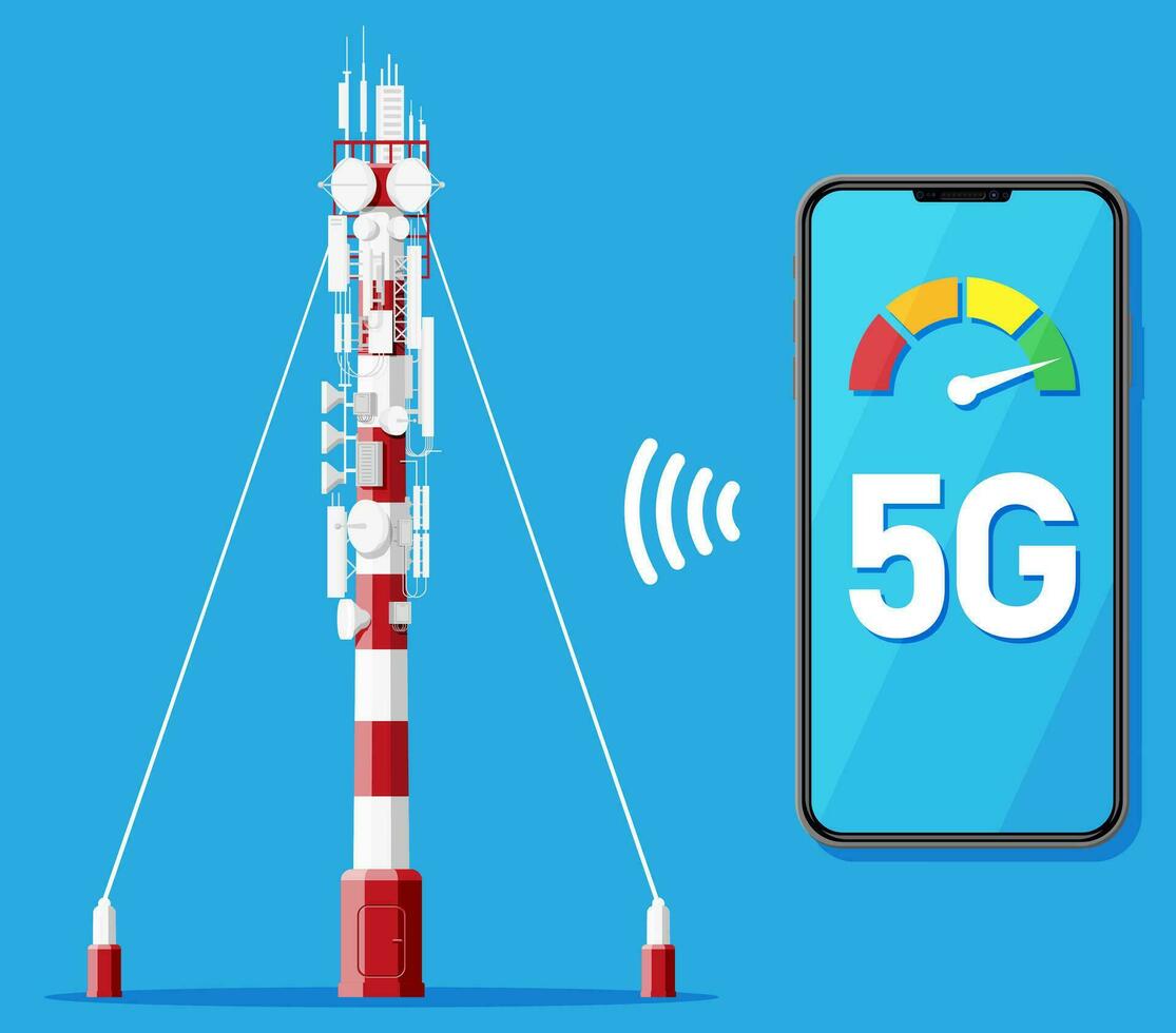 Mobile Smartphone and 5G Communication Tower. Transmission Cellular Tower Antenna. Network Broadcast Equipment Isolated. Smart Phone and Satellite Telecommunication Antenna. Flat Vector Illustration