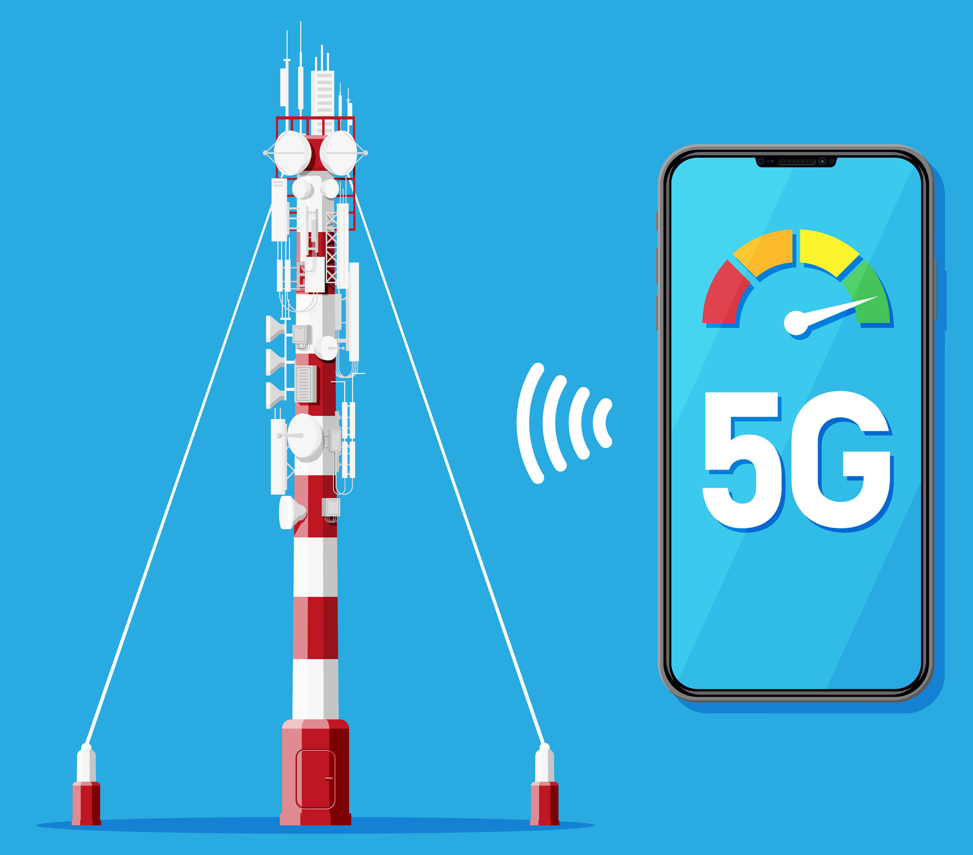 Mobile Smartphone and 5G Communication Tower. Transmission Cellular