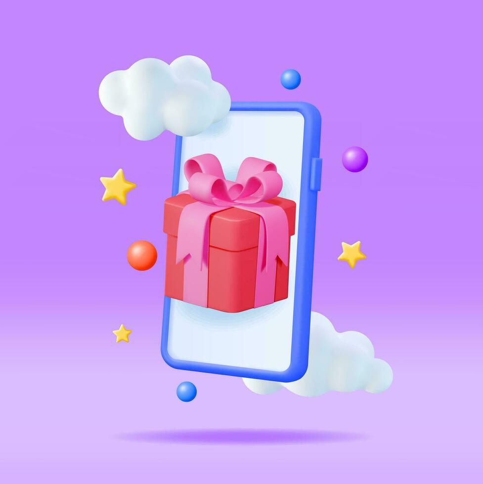 3D Gift Box in Smartphone Isolated. Render Giftbox on Mobile Phone Screen. Receiving Surprise Box Online. Digital Purchase or E-commerce Concept. Promo Store, Gift Card. Vector Illustration