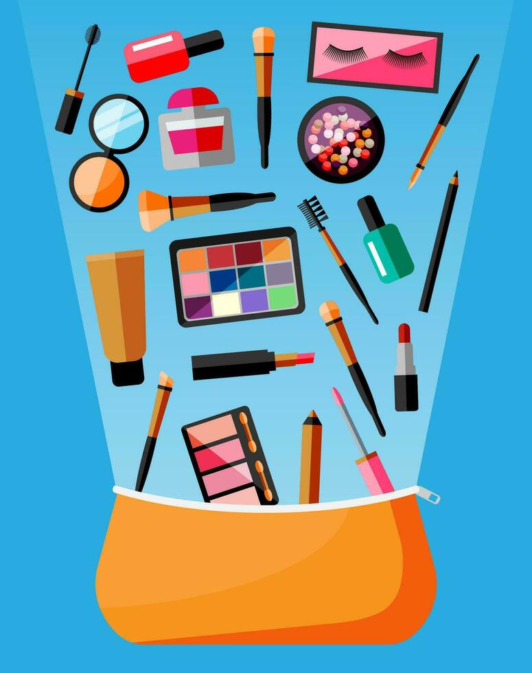 Makeup collection in bag. Set of decorative cosmetics. Make-up store. Various brushes, perfume, mascara, gloss, powder, lipstick and blush. Beauty and fashion. Cartoon flat vector illustration