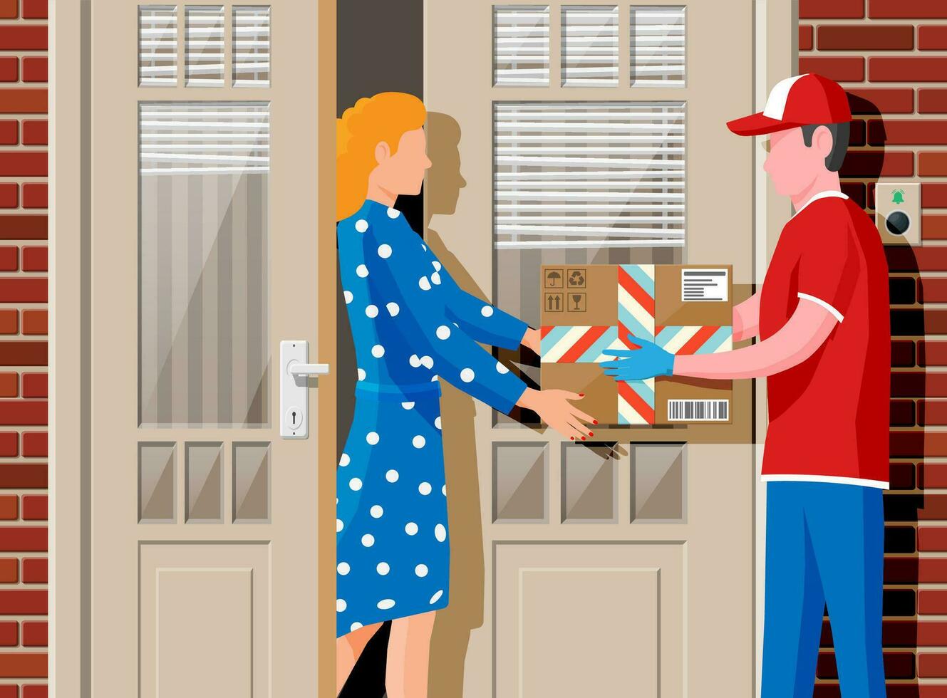Woman receive cardboard box from man. Courier character holds parcel in his hands. Carton delivery packaging closed box with fragile signs. Free and fast shipping. Vector illustration in flat style