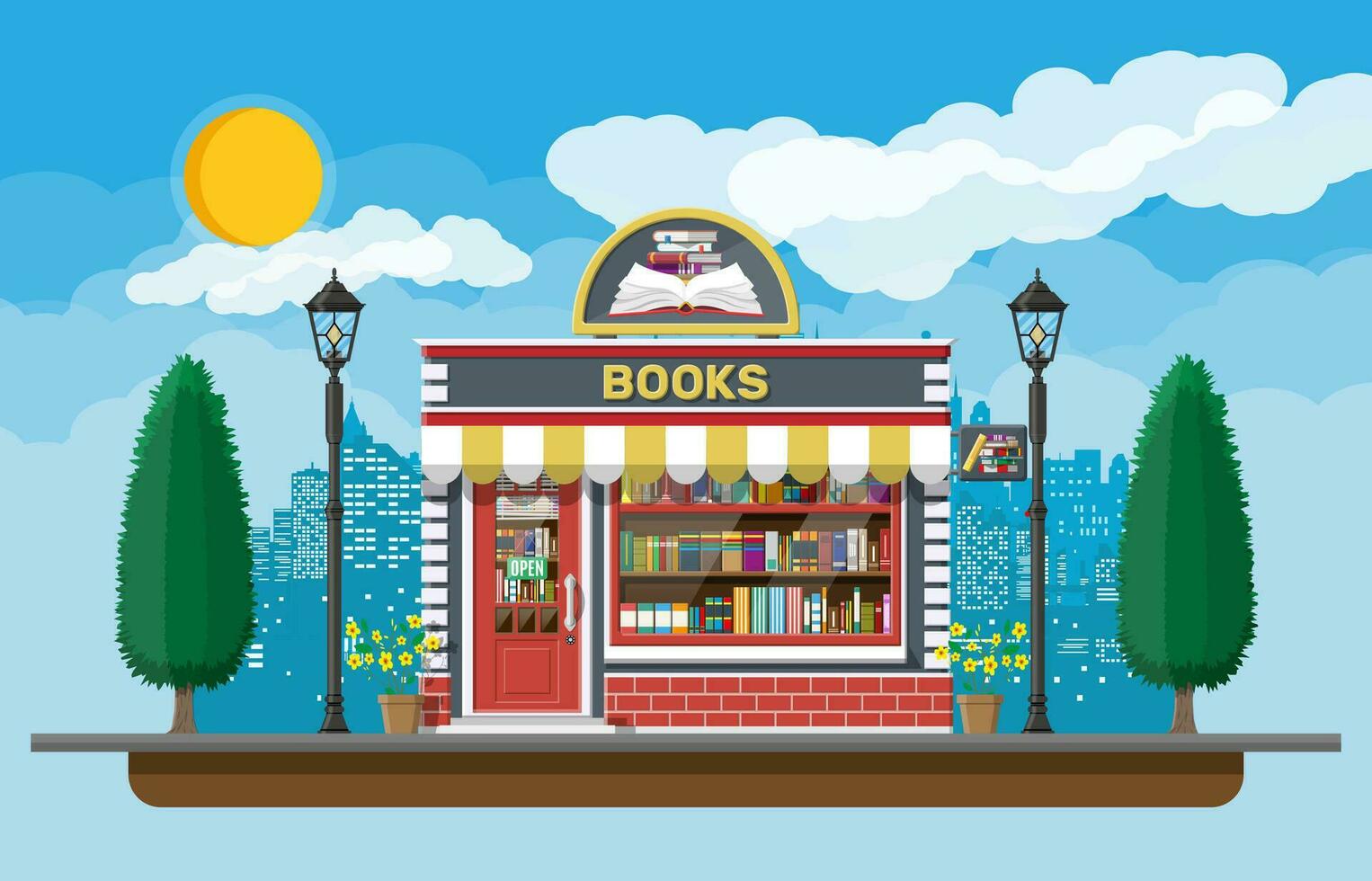 Bookstore shop exterior. Books shop brick building. Education or library market. Books in shop window on shelves. Street shop, mall, market facade. Nature outdoor cityscape. Flat vector illustration