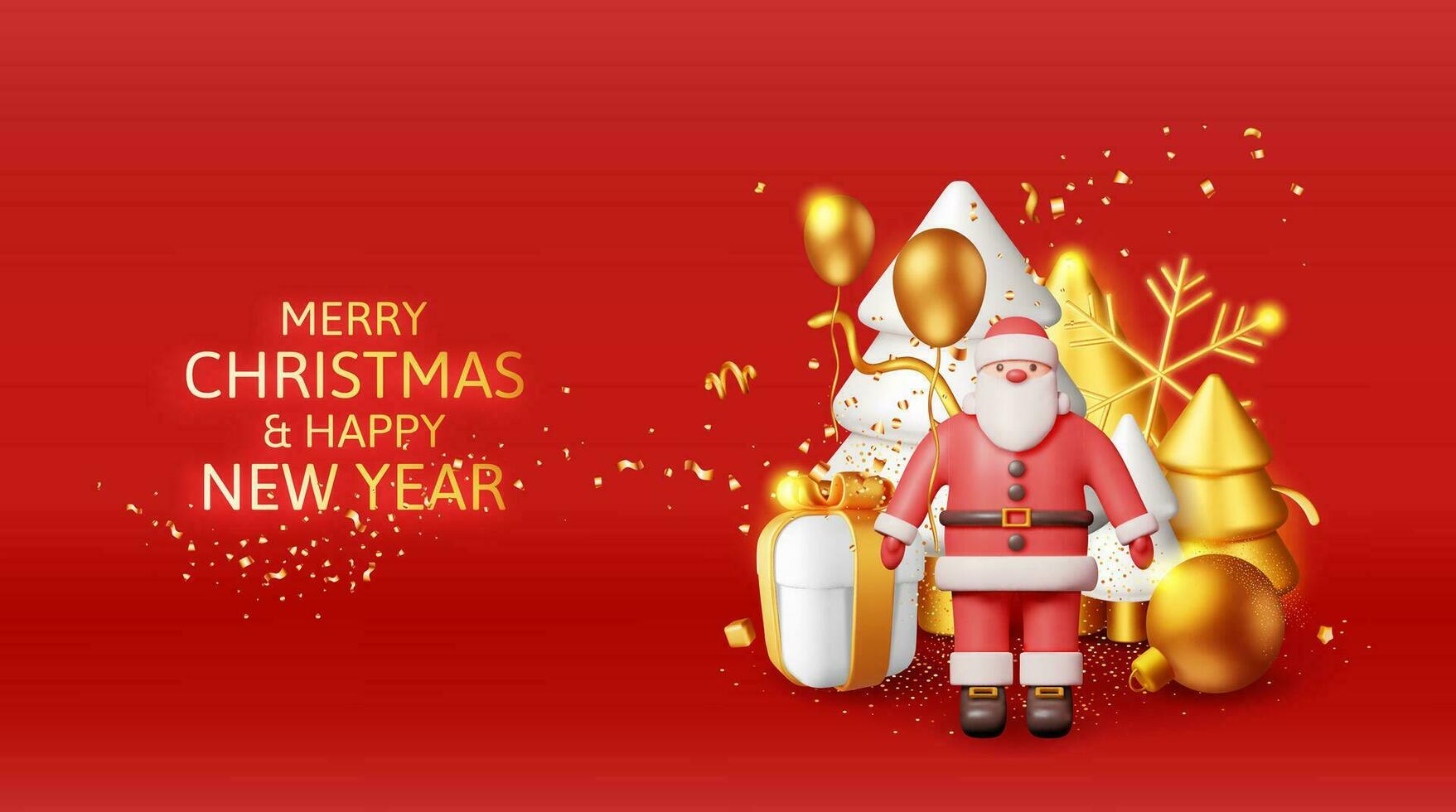 3D Santa Claus and Gold Christmas Tree. Render Happy New Year Decoration Banner. Merry Christmas Holiday. New Year and Xmas Celebration. Realistic Vector Illustration