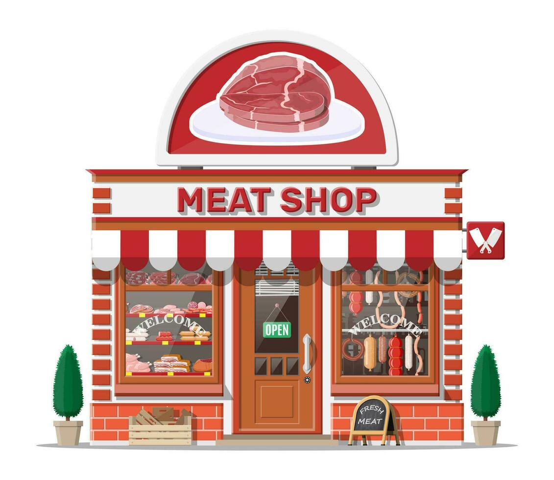 Vintage butcher shop store facade with storefront. Meat street market. Meat store stall showcase counter. Sausage slices delicatessen gastronomic product of beef pork chicken. Flat vector illustration