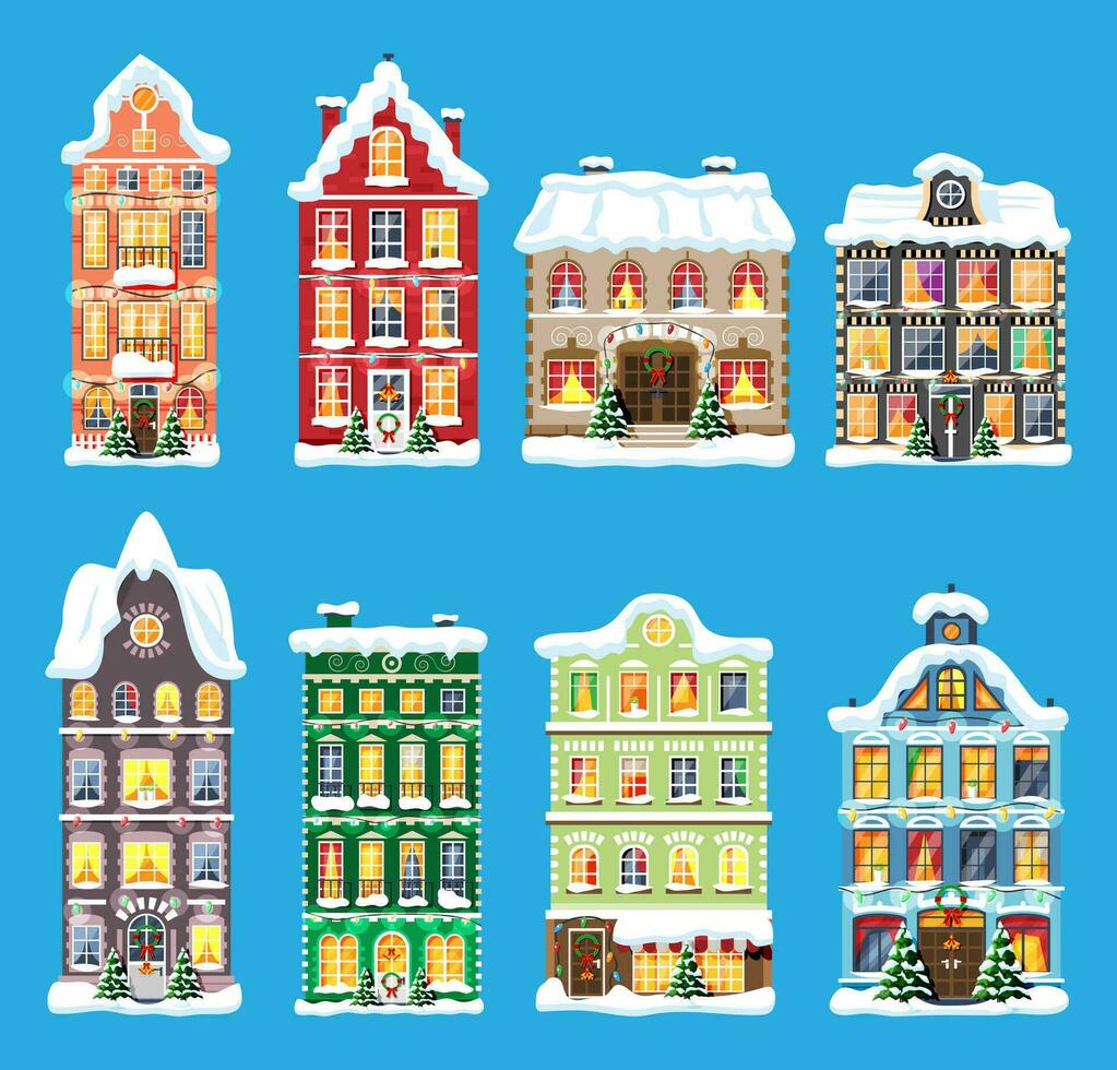 City House Covered Snow Set. Building in Holiday Ornament. Christmas Tree Spruce, Wreath. Happy New Year Decoration. Merry Christmas Holiday. New Year and Xmas Celebration. Flat Vector Illustration