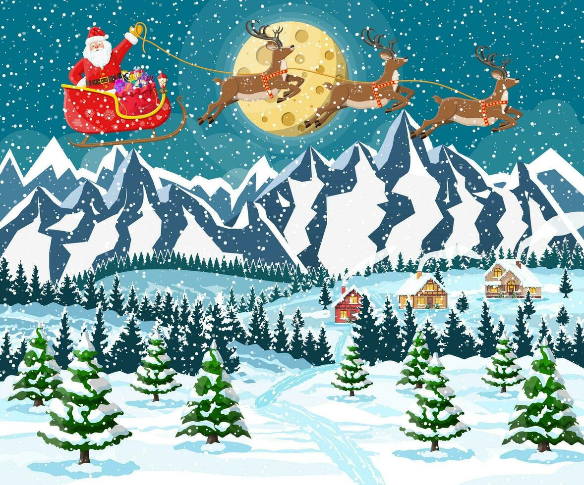 suburbano casa cubierto nieve. edificio en fiesta ornamento. Navidad paisaje árbol, Papa Noel trineo renos nuevo año decoración. alegre Navidad fiesta Navidad celebracion. vector ilustración