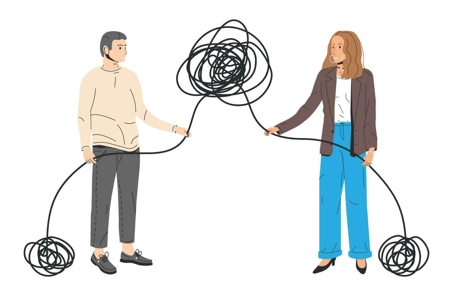 Pareja desenmarañar el enredo de problemas. hombre y mujer trabajando en relación. marido y esposa resolviendo familia problemas. concepto de Pareja terapia, matrimonio asesoramiento. dibujos animados plano vector ilustración