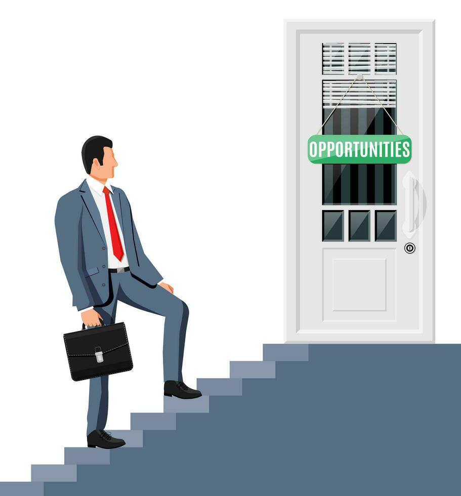 Businessman standing in front of closed door. Solution, winning, future, business success concept. Open door of big opportunities. Achievement and goal. Flat vector illustration