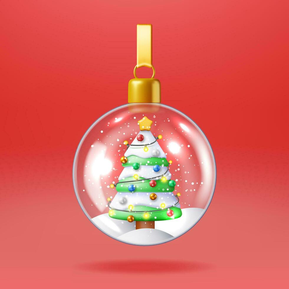 3D Glass Christmas Snow Ball with Tree Isolated. Render Sphere with Fir Tree. Happy New Year Decoration. Merry Christmas Holiday. New Year Xmas Celebration. Realistic Vector Illustration