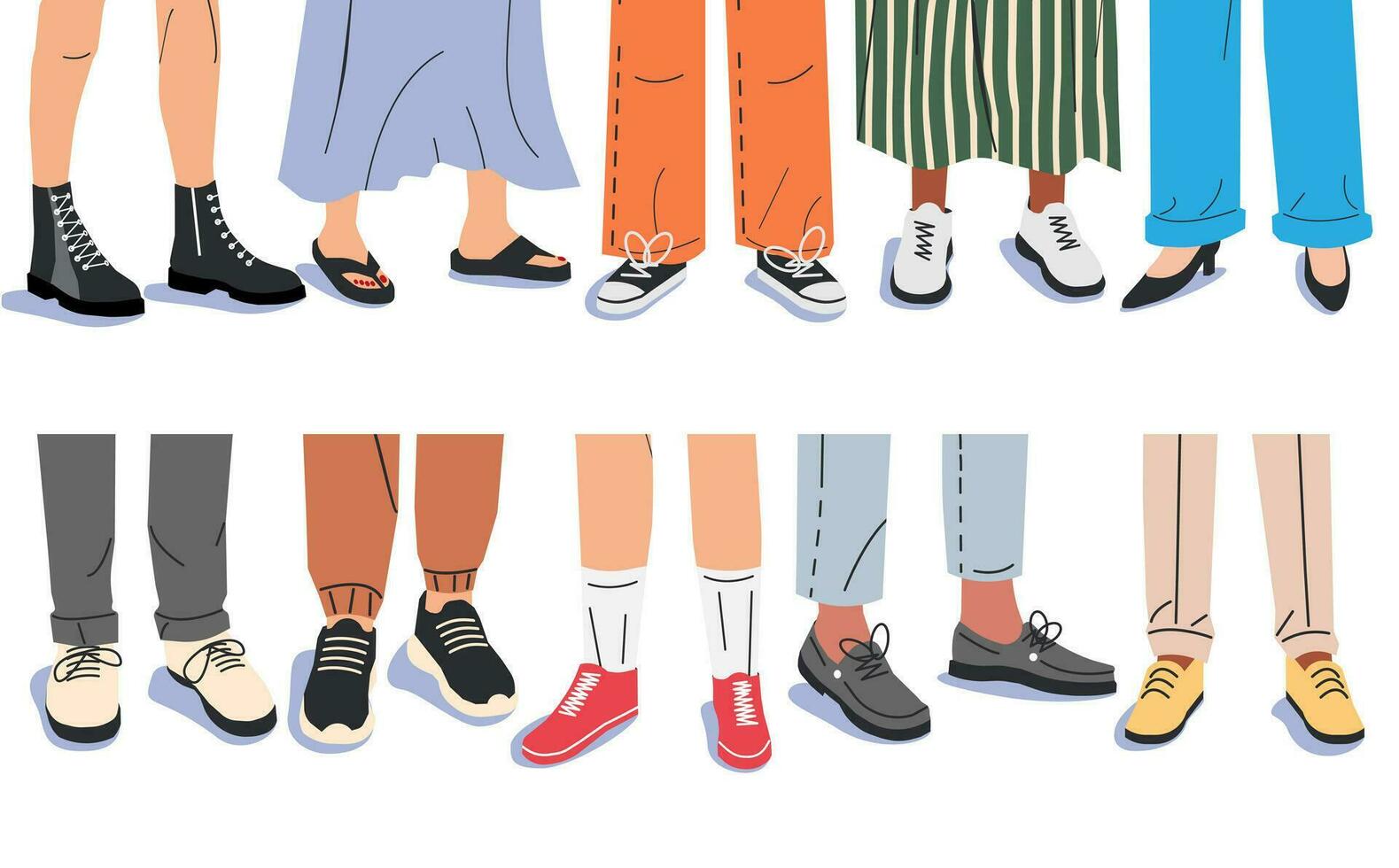 Woman and Man Legs in Stylish Sneakers. Set of Various Female and Male Shoes with Feet. Boots, Sneakers, Boat, Topsider. Girl and Boy Footwear. Different Female Shoes. Cartoon Flat Vector Illustration