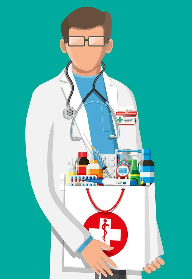 Modern male pharmacist with pharmacy bag. Medicine pills capsules bottles vitamins and tablets. Drugstore with medicines. Medical drug, healthcare. Flat vector illustration