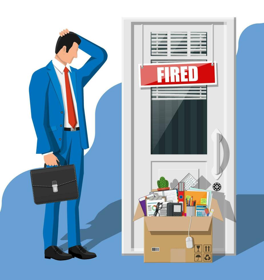 Dismiss employee, door with fired word plate and cardboard box with office items. Hiring and recruiting. Human resources management concept searching professional staff work. Flat vector illustration