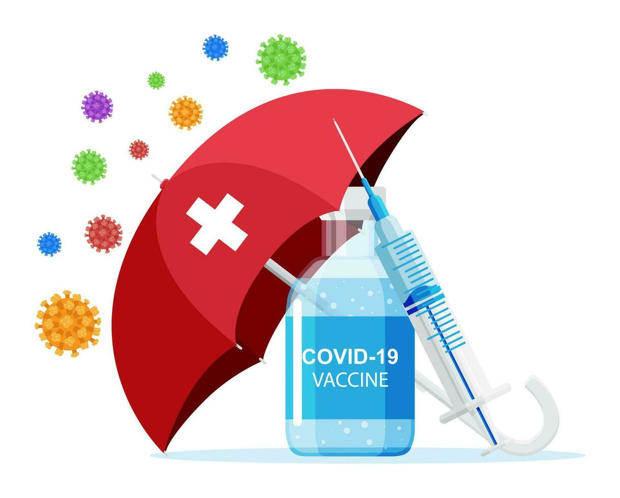 Vaccination against coronavirus. Time to vaccinate, concept. Medical syringe injection vaccination. Umbrella protect against corona virus, cell models, Health care. Flat vector illustration
