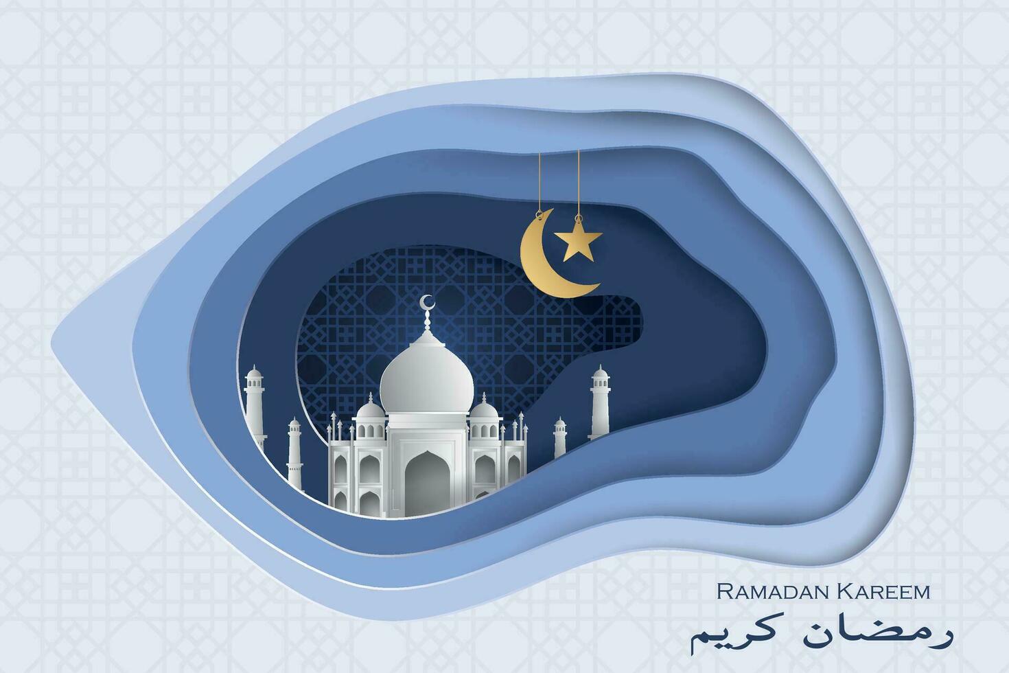 Islamic vector illustration with white paper mosque on blue background