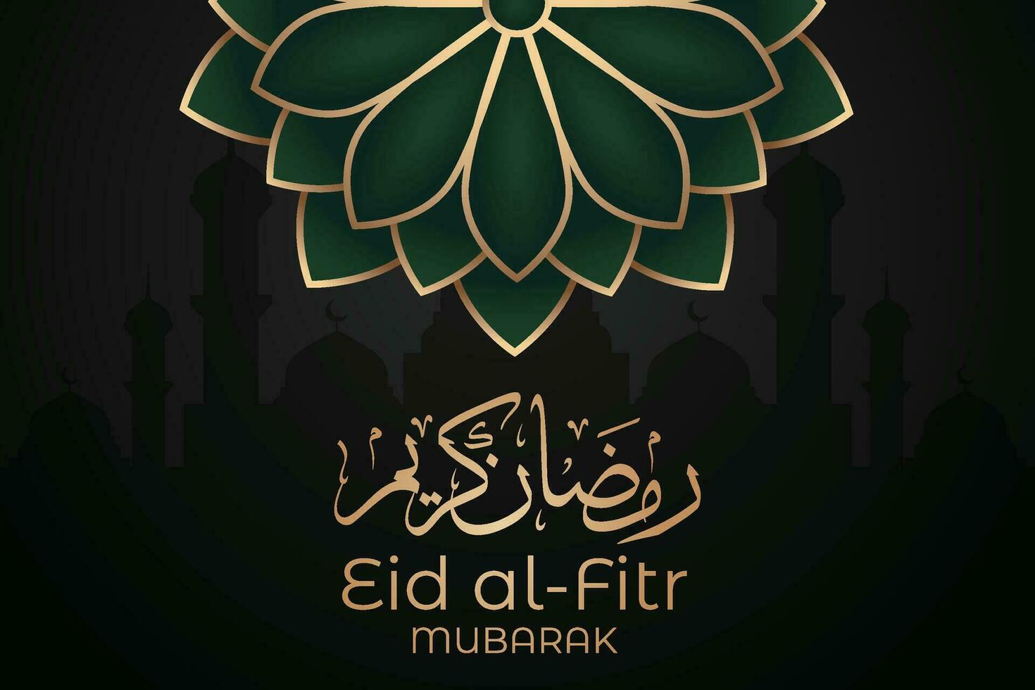 Ramadan eid mubarak greeting card with mosque silhouette free vector illustration