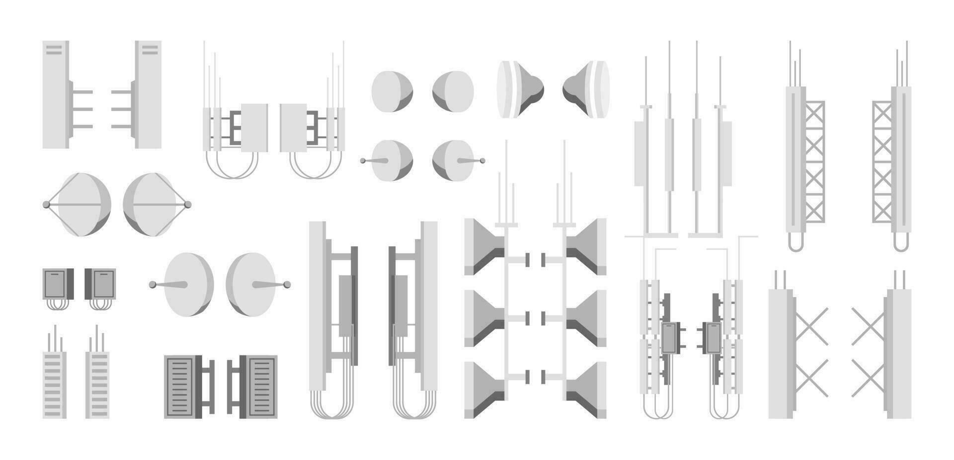 Transmission Cellular Tower Elements Set. Network Broadcast Equipment Collection. Broadcasting, Internet, Television Cell Station. 4G 5G. Satellite Communication Antenna. Flat Vector Illustration