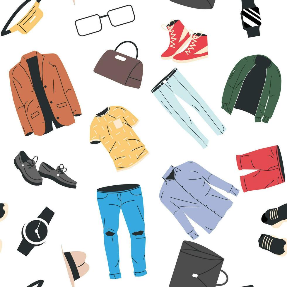 Man Wardrobe Seamless Pattern. Set of Male Clothes and Accessories Icons. Various Boy Clothing. Jacket, Shoes, Shirt, Pants, Watches, Eyeglasses, Hat. Cartoon Flat Vector Illustration