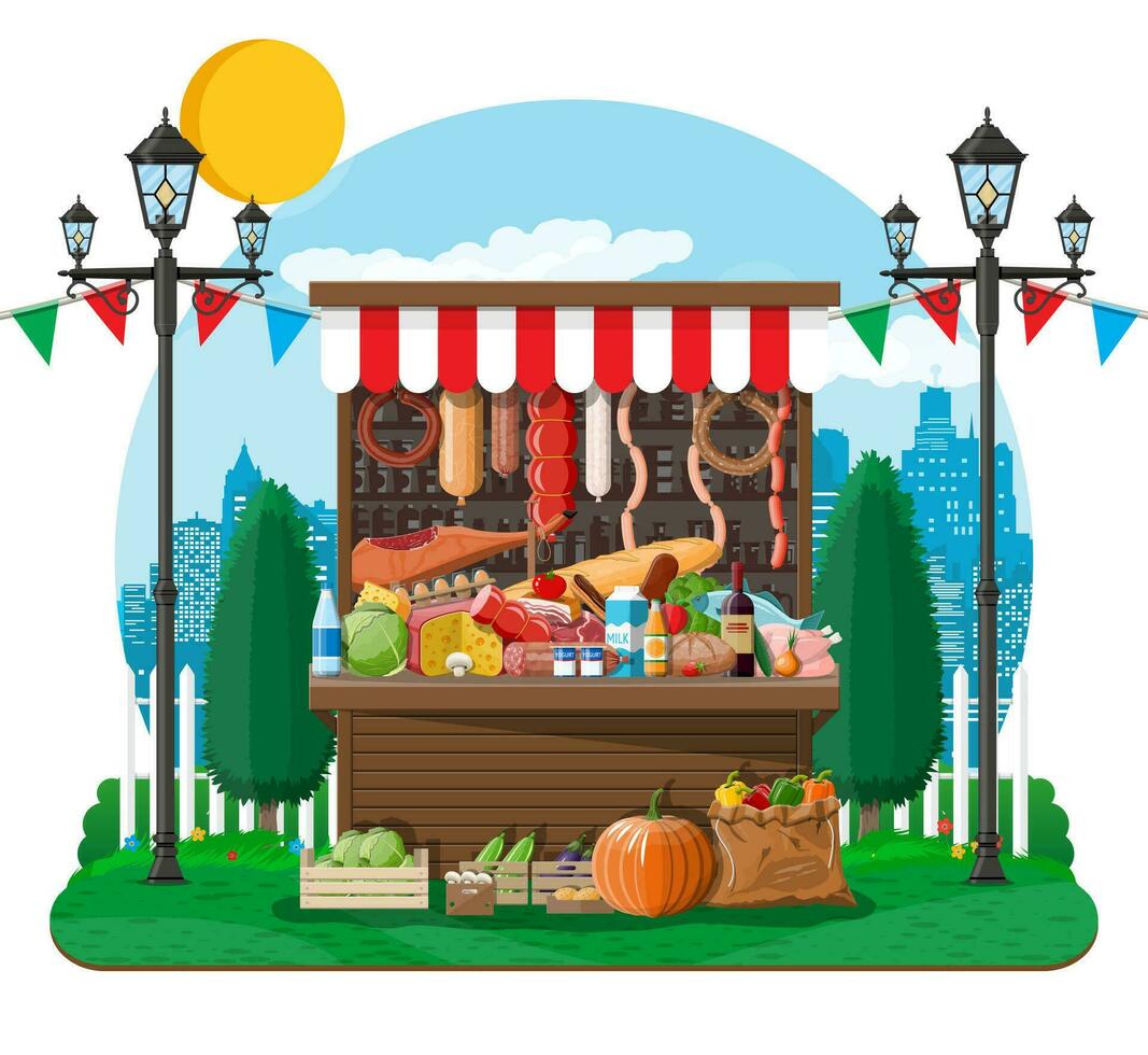 tradicional mercado de madera comida puesto lleno de comida con banderas, cajas ciudad parque, calle lámpara y arboles cielo con nubes y Dom. justo, tienda de comestibles y compras. vector ilustración plano estilo