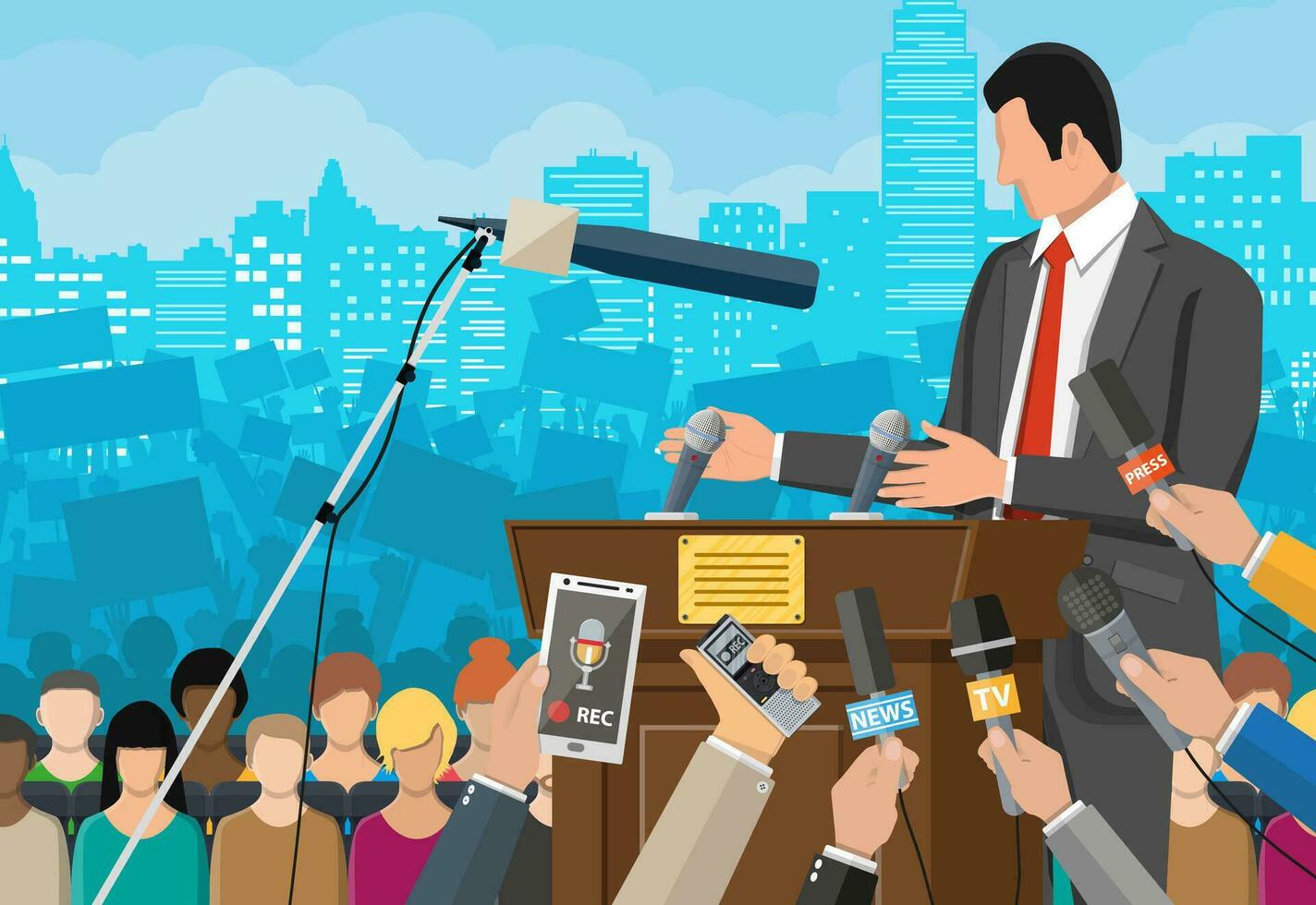 Public speaker. Rostrum, tribune and hands of journalists with microphones and digital voice recorders. Press conference concept, news, media, journalism. Vector illustration in flat style