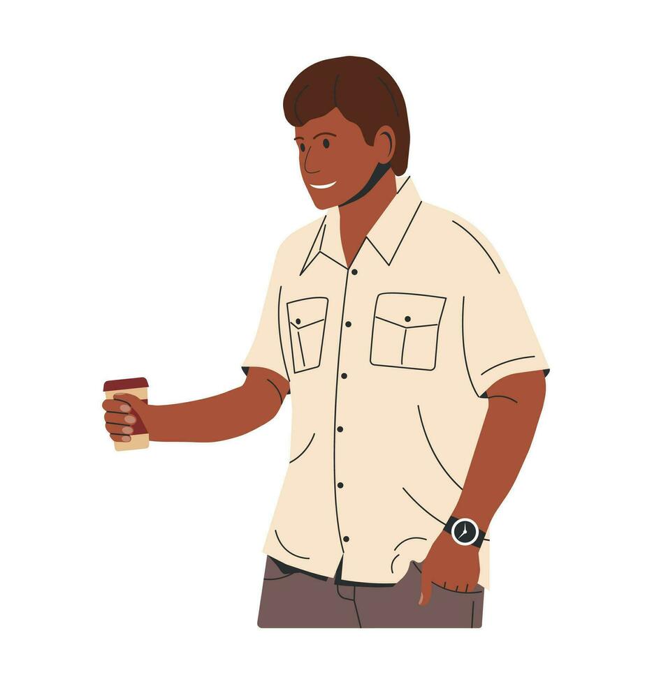 hombre en camisa, pantalones con vaso de café. maduro hombre es en pie en calle ropa. masculino personaje en elegante casual mirar. de moda chico relajante con calentar café. dibujos animados plano vector ilustración