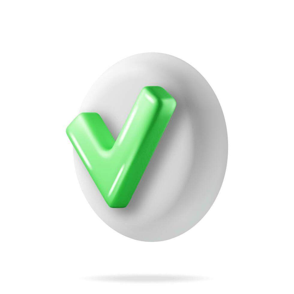 3D Right Button in Round Shape. Green Yes or Correct Sign Render. Green Checkmark Tick Represents Confirmation. Right Choice Concept. Agreement, Approval or Trust Symbol. Vector Illustration