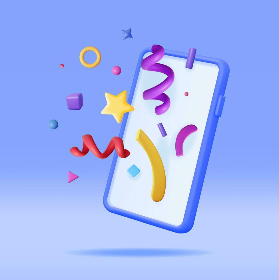 3D Party Confetti on Mobile Phone. Render Plasticine Confetti on Smartphone. Colorful Firecracker Elements in Various Shapes. Party Holyday Surprise or Birthday Events. Vector Illustration