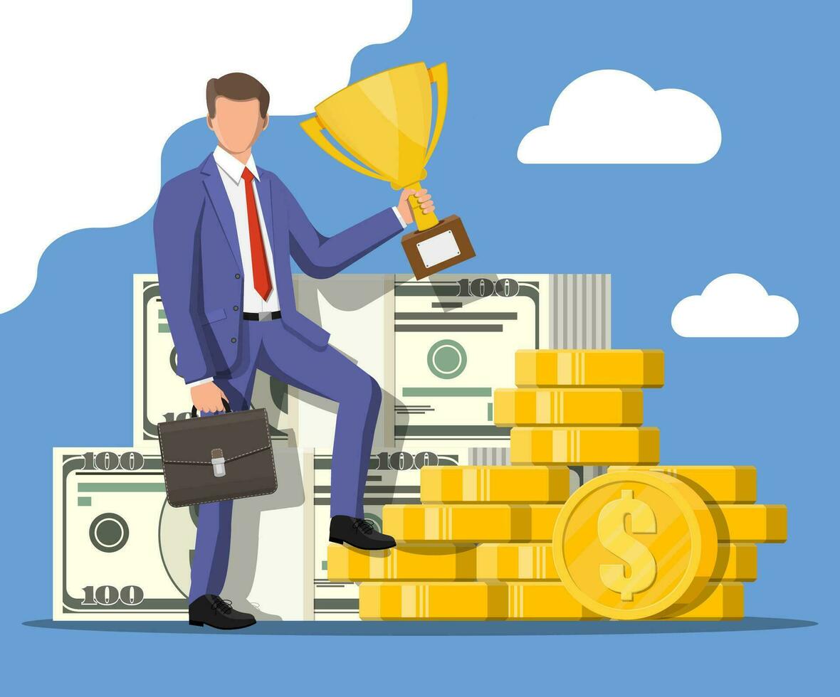 Successful businessman with dollar and coins holding trophy, celebrates his victory. Business success, triumph, goal or achievement. Winning of competition. Vector illustration flat style