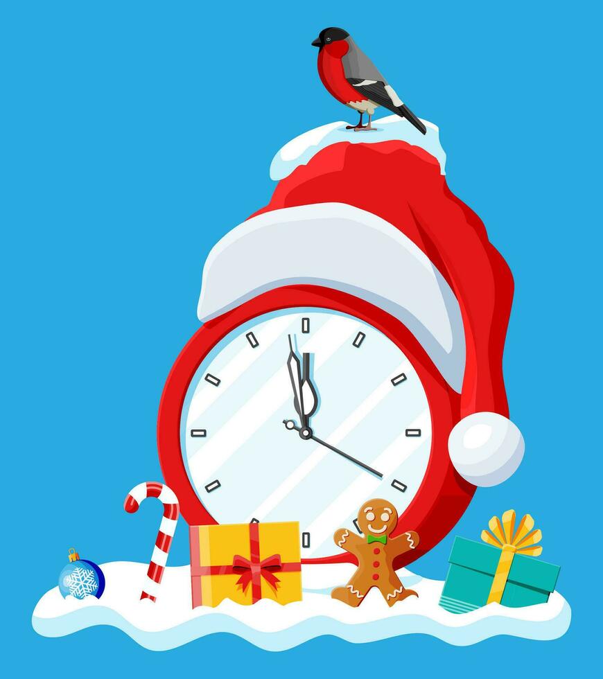 Clocks dressed in the Santa Claus hat. Clock showing almost midnight with red cap. Happy new year decoration. Merry christmas holiday. New year and xmas celebration. Flat vector illustration