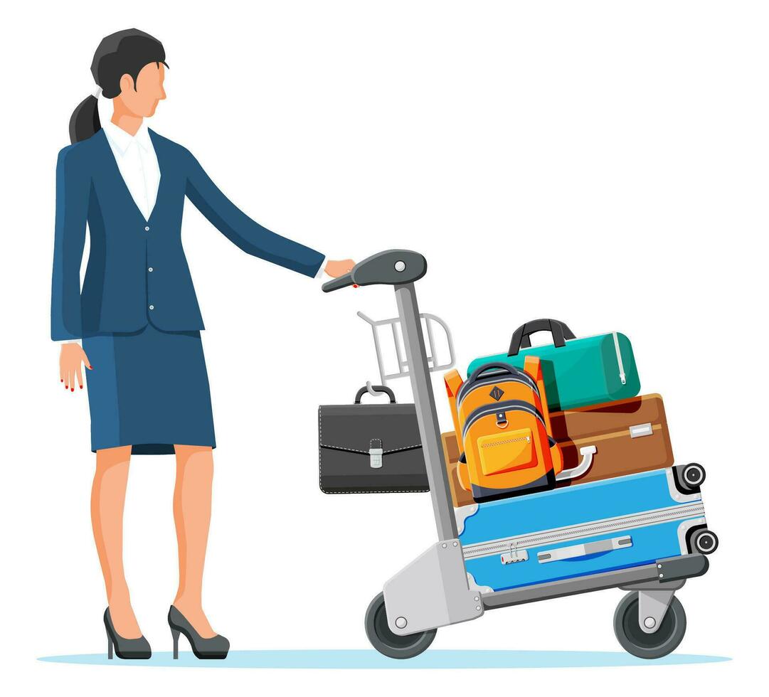 Woman And Hand Truck Full Of Bags Isolated On White. Metal Airport Luggage Trolley Icon. Hand Cart. Handcart For Baggage Or Shopping. Transportation Equipment. Cartoon Flat Vector Illustration