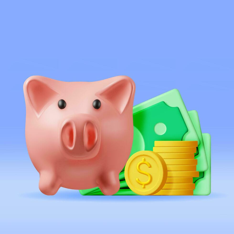 3D Piggy Bank with Coins and Banknotes. Render Plastic Piggy Bank for Money. Moneybox in Form of Pig. Concept of Cash Money, Business Deposit Investment, Financial Savings. Vector Illustration