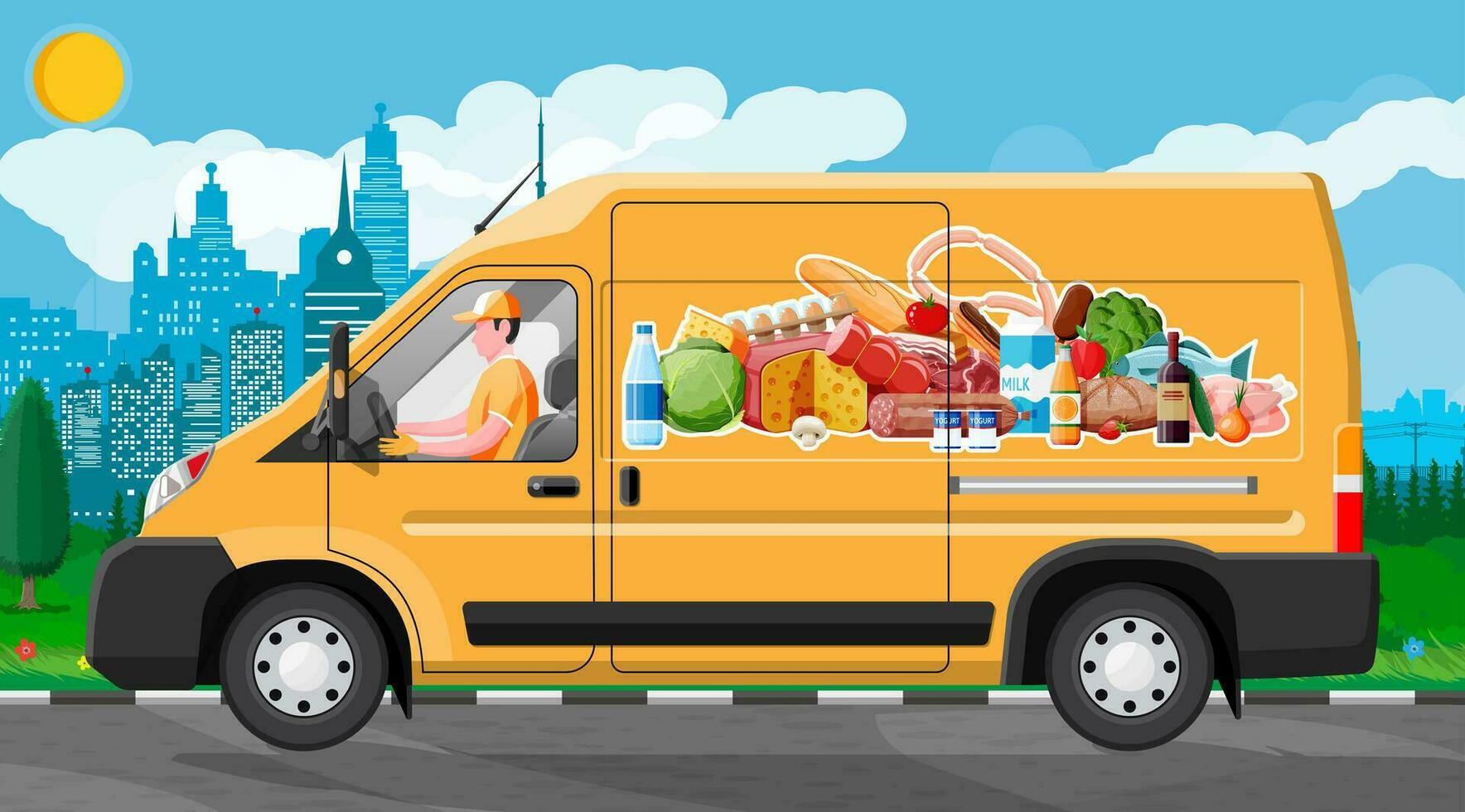 van car full of food products. Shop and farm delivering service. Delivery and selling grocery products concept. Meat, milk, bread, vegetables. Cargo and logistic. Cartoon flat vector illustration