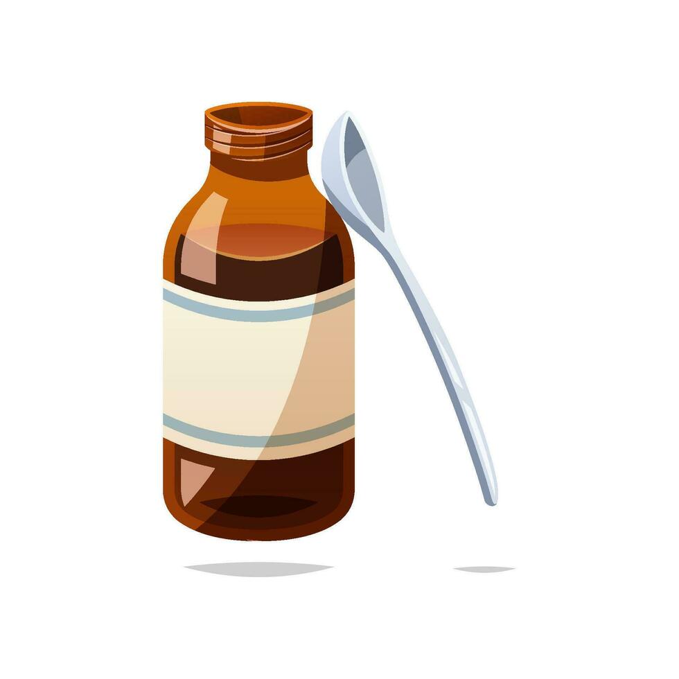 Open medicine syrup bottle with spoon vector isolated on white background.