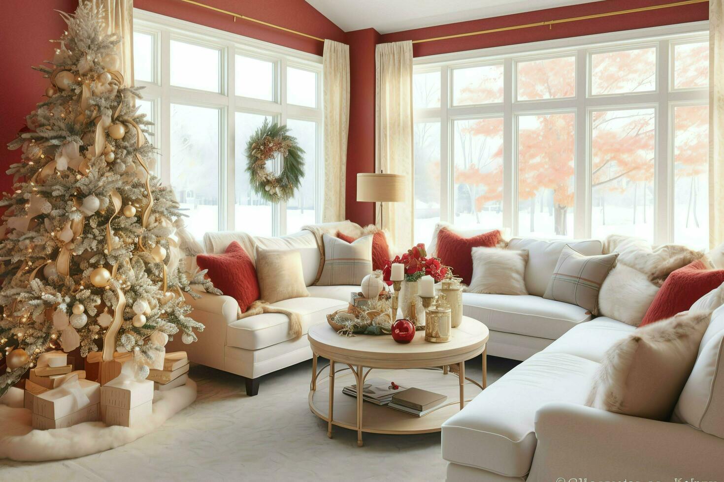 Cosy living room with beautiful christmas tree and red gifts in modern interior. Interior of living room decorated for merry christmas with socks, gift boxes and christmas accessories by AI Generated photo