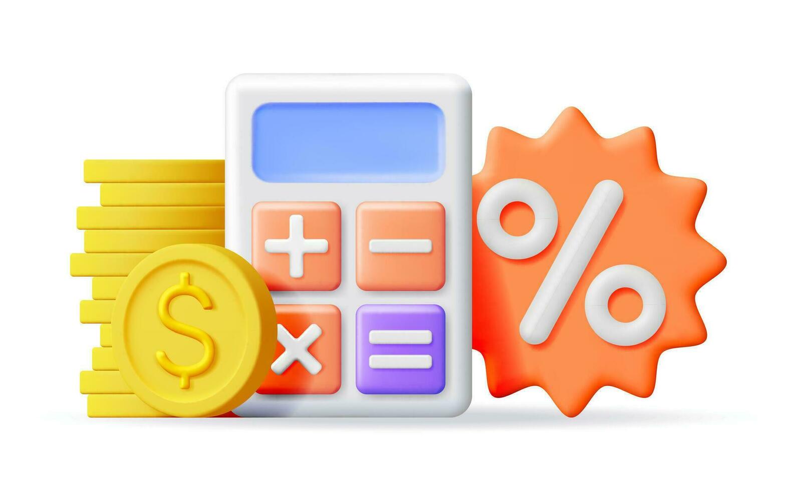 3D Modern Calculator with Golden Coins, Percent Symbol. Mathematics. Financial Math Device with Money. Counting Budget and Savings Concept. Checking Profit Investment and Wealth. Vector Illustration