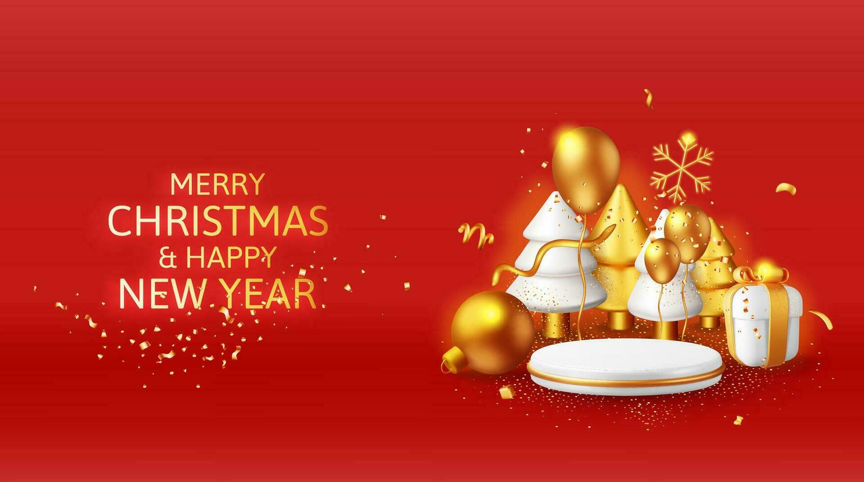 3D White Cylinder Pedestal Podium and Gold Christmas Tree. Render Happy New Year Decoration Banner. Merry Christmas Holiday. New Year and Xmas Celebration. Realistic Vector Illustration