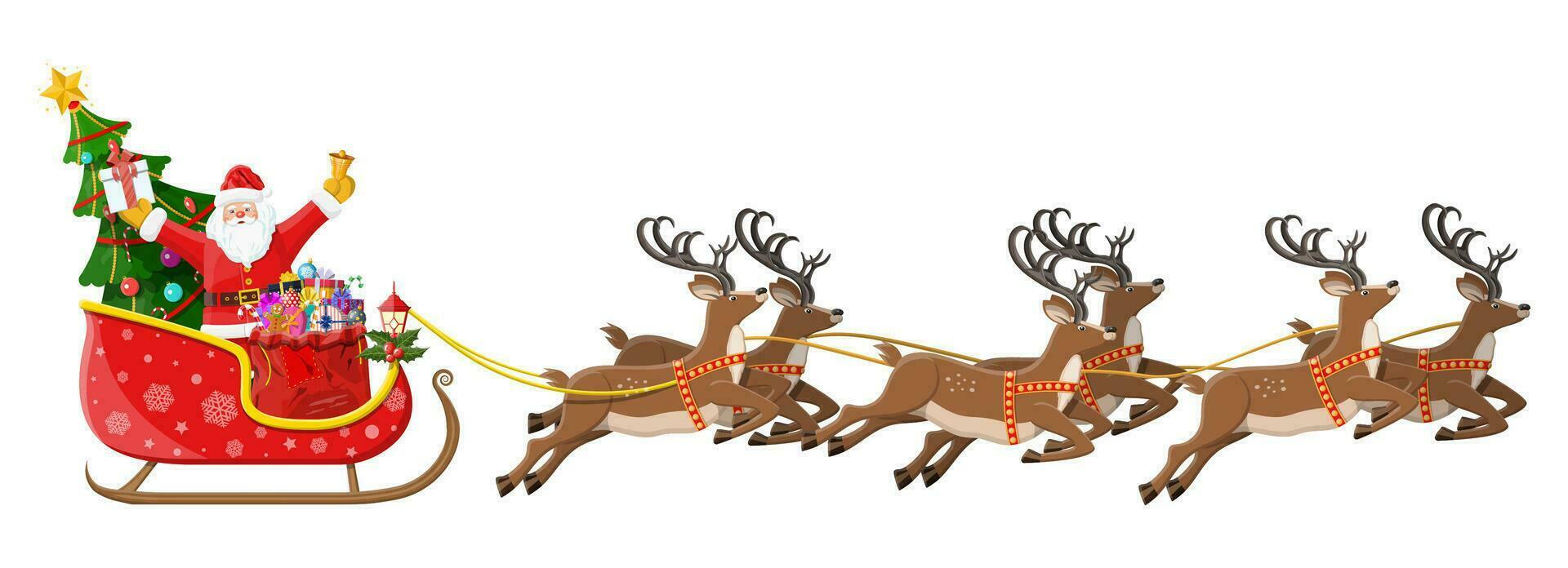 Papa Noel claus en trineo lleno de regalos, Navidad árbol y su renos contento nuevo año decoración. alegre Navidad día festivo. nuevo año y Navidad celebracion. vector ilustración en plano estilo