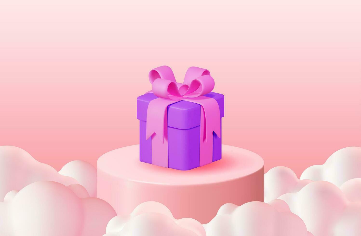 3D Pink Podium with Gift Box in Fluffy Clouds. Render Podium with Giftbox in Cloudy Scene. Platform in Pink Sky with Cartoon Clouds. Product Display Presentation Advertisement. Vector Illustration