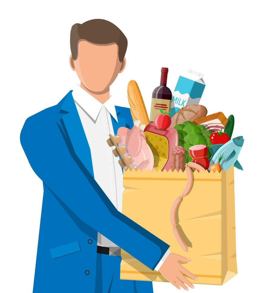 Man with shopping bag full of fresh products. Grocery store supermarket. Food and drinks. Milk, vegetables, meat, chicken cheese, sausages, salad, bread cereal steak egg. Flat vector illustration