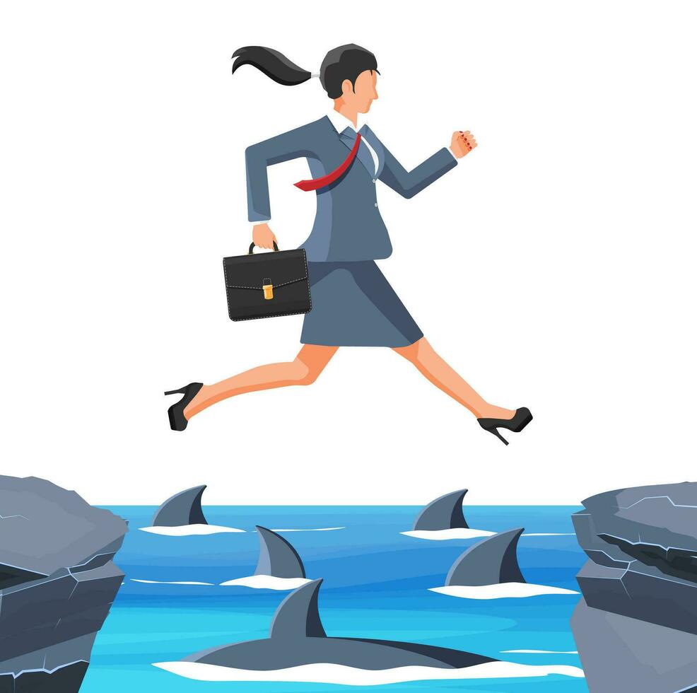 Businesswoman jumping over shark in water. Business woman in suit with briefcase jump between gap. Obstacle on road, financial crisis. Risk management challenge. Flat vector illustration