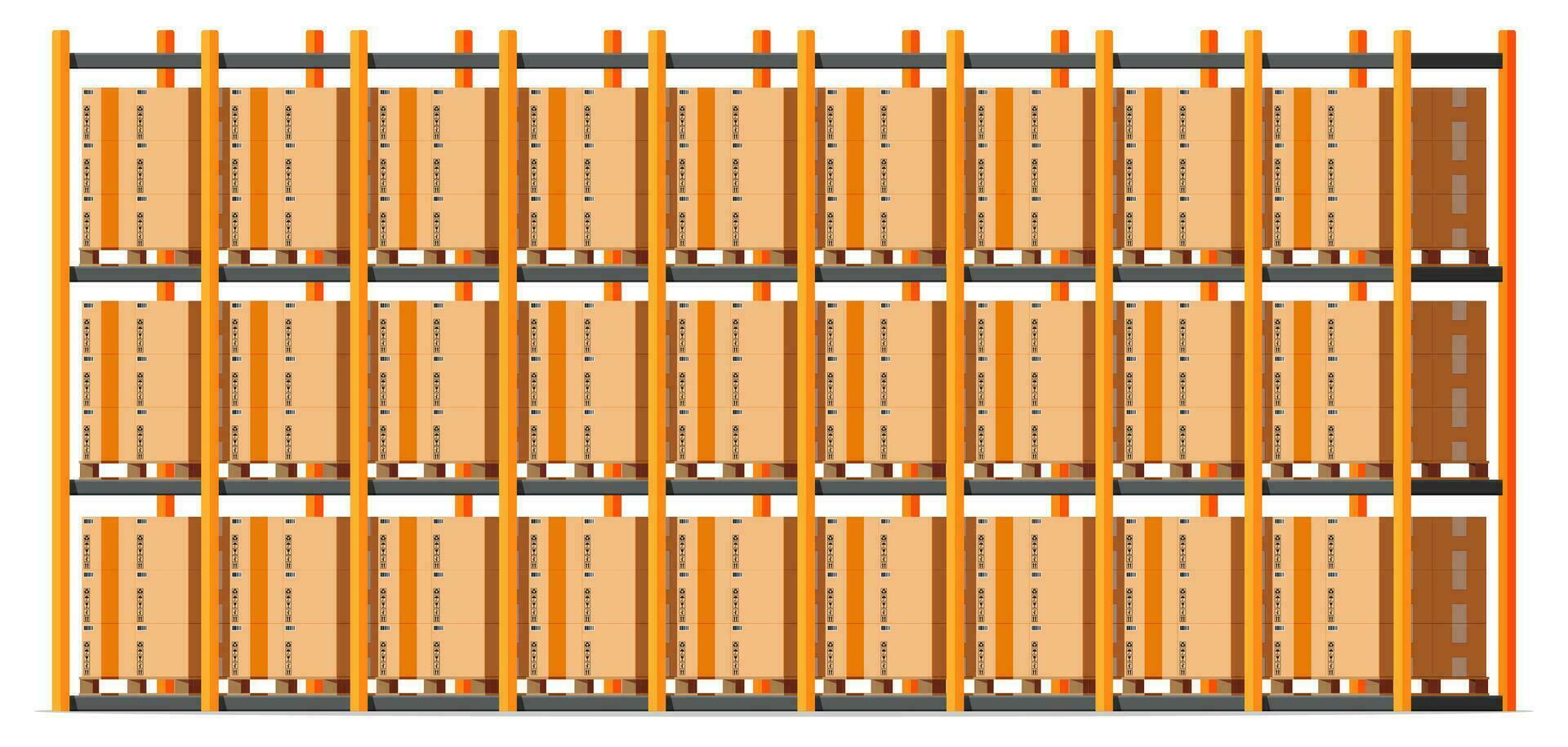 metálico estantería con caja de cartón marrón cajas bienes y envase paquete. pila cartulina cajas colocar. entrega embalaje cerrado caja con frágil señales. vector ilustración en plano estilo