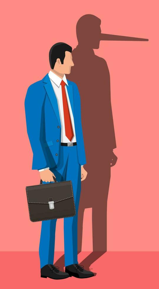 Businessman with long nose shadow on wall. Liar, lying people in business. Cheat, fraud, scam, hoax and crime. Vector illustration in flat style