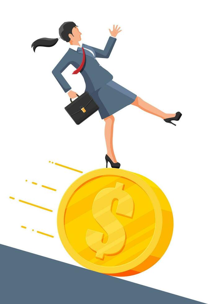 Businesswoman running away from big debt golden coin weight. Business woman with briefcase and dollar coin. Tax, debt, fee, crisis and bankruptcy. Vector illustration in flat style