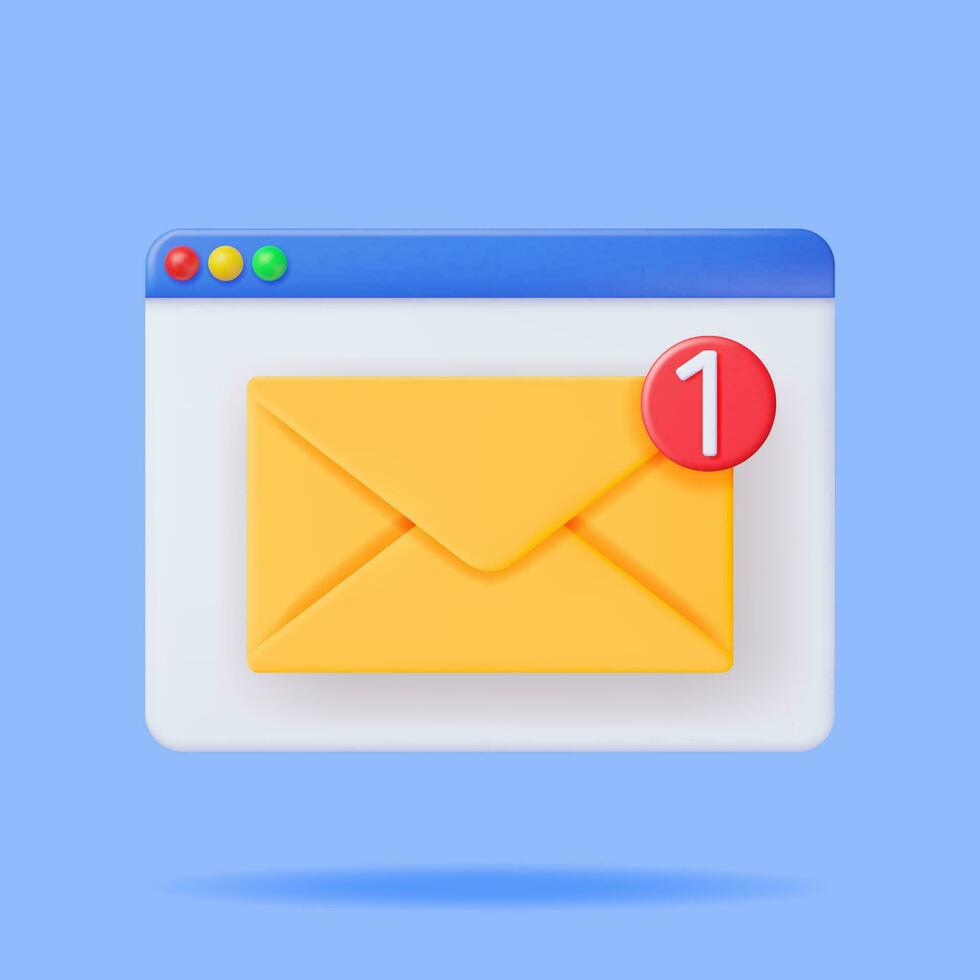 3D Mail Envelope with Document and Notification New Message Isolated. Paper Letter Icon with Notification Red Bubble. New or Unread Email. Message, Contact, Letter and Document. Vector Illustration