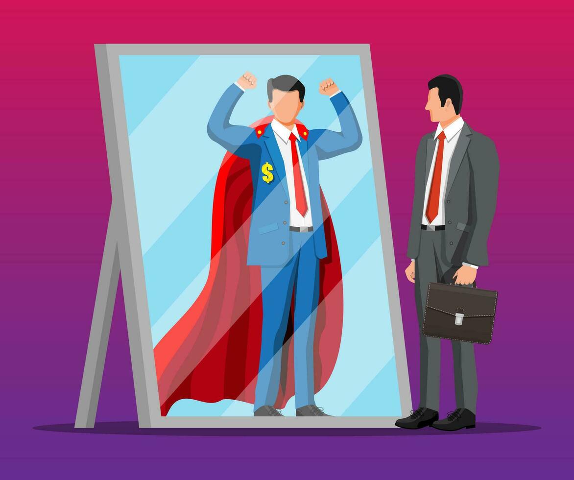 Businessman facing himself as superhero in mirror. Business ambition and success concept. Symbol of power, leadership, courage, bravery. Achievement and goal. Flat vector illustration