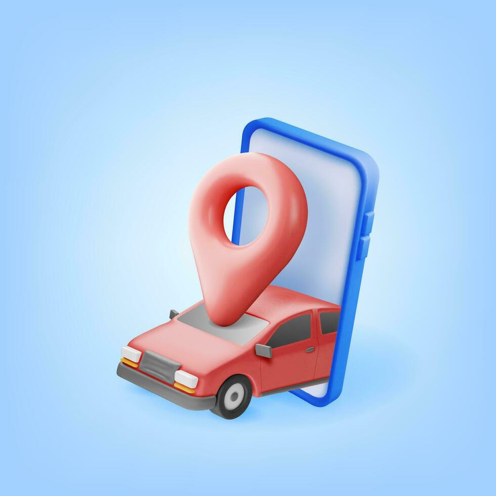 3D Sedan Car, Location Pin on Smartphone Screen. Render Realistic Car with Mobile Phone. Classic Sedan Motor Vehicle. Concept of Online Car Sharing, Repair Service and Delivery. Vector Illustration