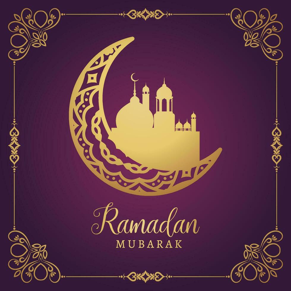 ramadan mubarak greeting card with crescent and mosque on purple background vector