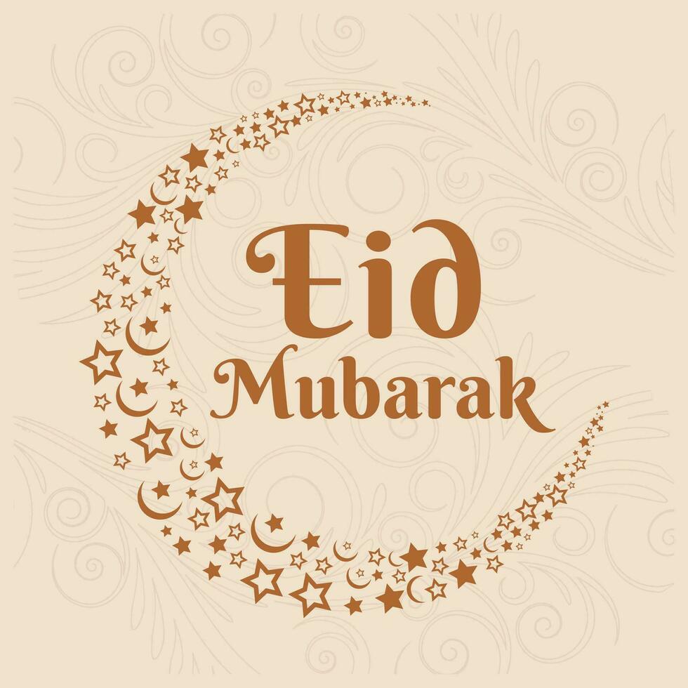 eid mubarak greeting card with crescent and stars on brown background vector